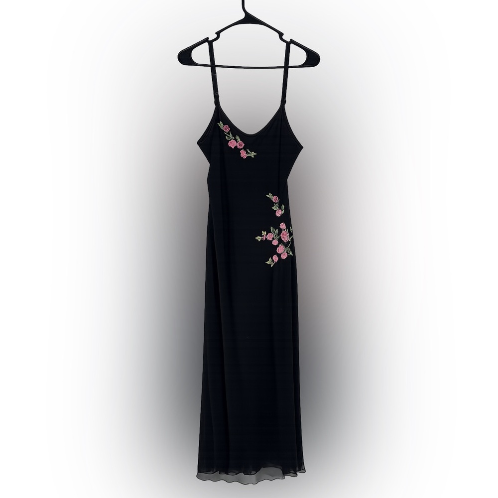 Black Floral Embroidered Slip Dress Midi Sheer Hem Y2K Fairycore